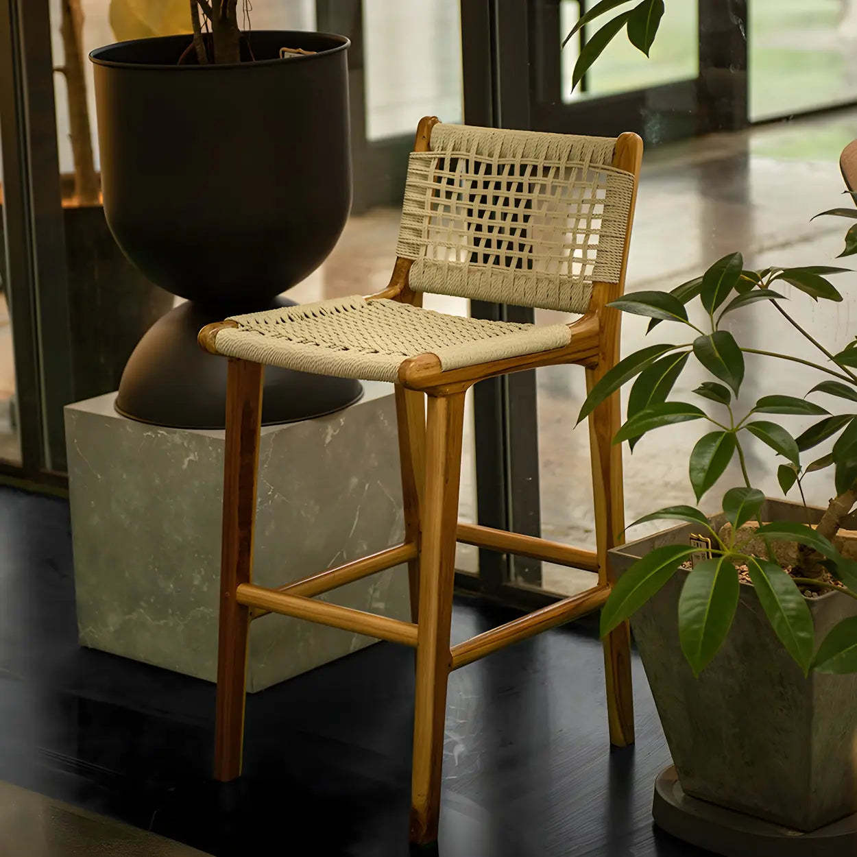 Brown Woven Leather Wood Frame Bar Stool — Brown / 1 Piece