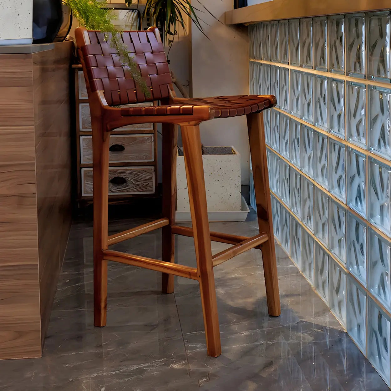 Brown Woven Leather Wood Frame Bar Stool