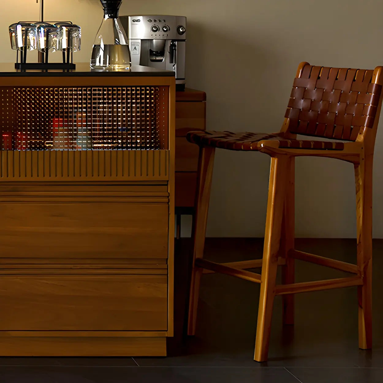 Brown Woven Leather Wood Frame Bar Stool