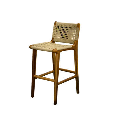 Brown Woven Leather Wood Frame Bar Stool
