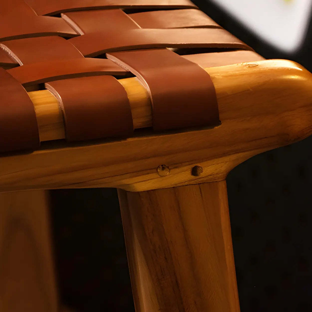 Brown Woven Leather Wood Frame Bar Stool