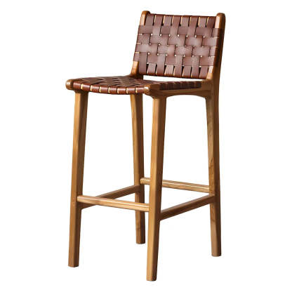Brown Woven Leather Wood Frame Bar Stool