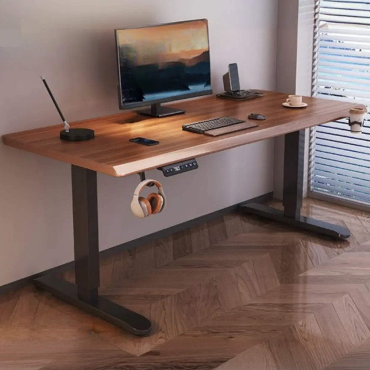 Brown Height-Adjustable Wood Computer Desk