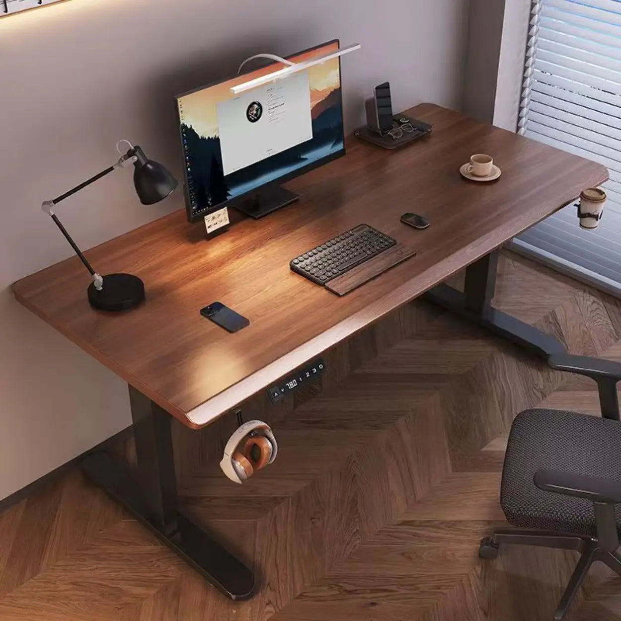 Brown Height-Adjustable Wood Computer Desk — Table Only
