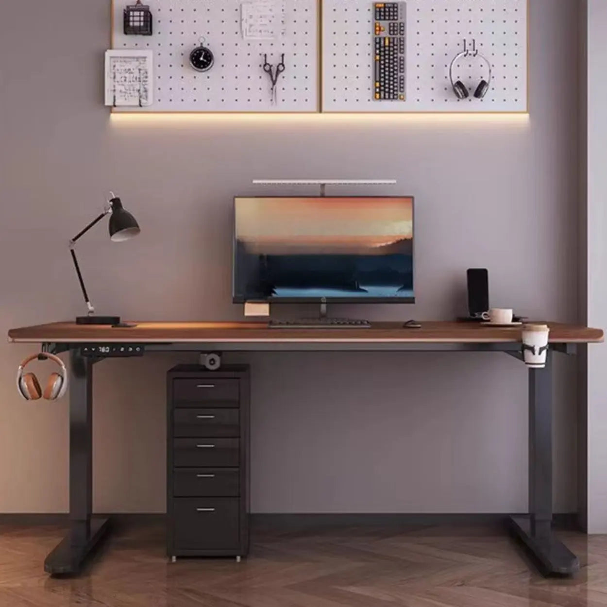 Brown Height-Adjustable Wood Computer Desk — Table Only
