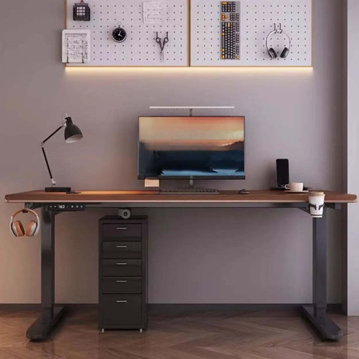 Brown Height-Adjustable Wood Computer Desk — Table Only