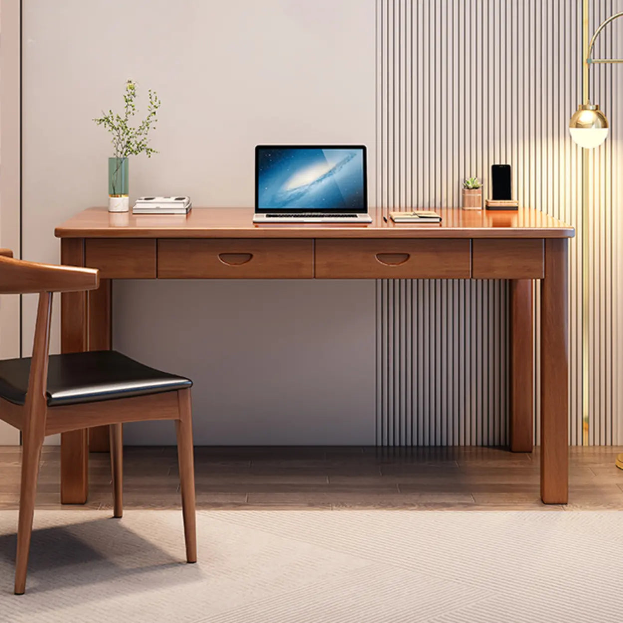 Brown Natural Wood Desk with Drawers — White / Table Only