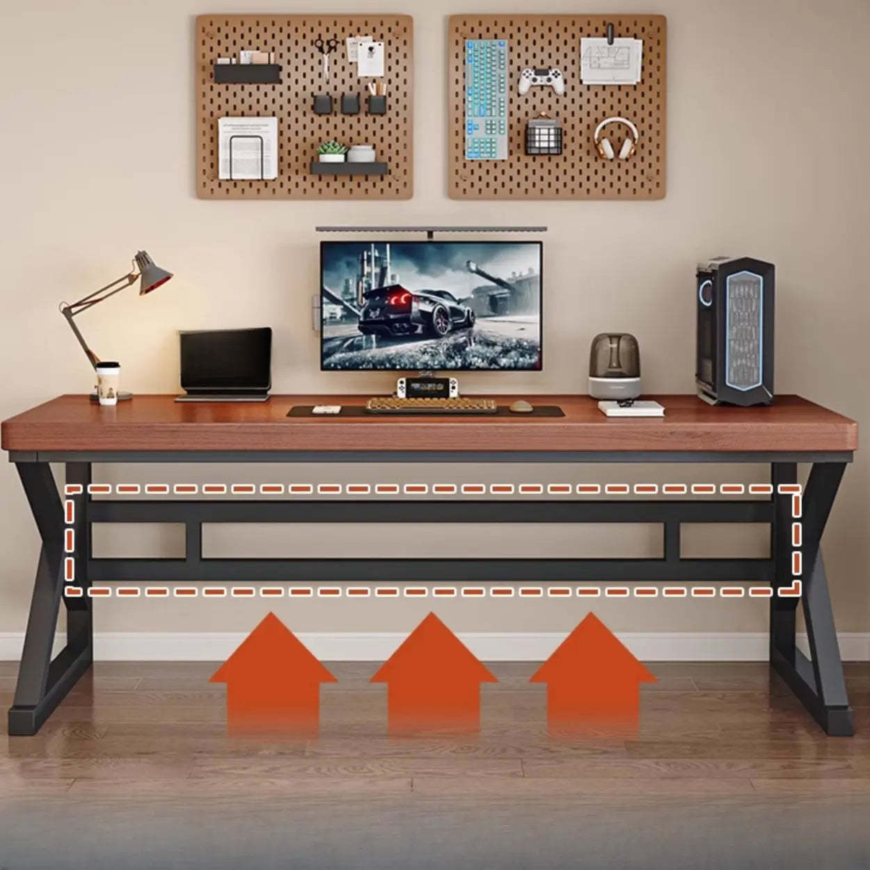 Brown Timber Computer Desk with Shelves — Table Only