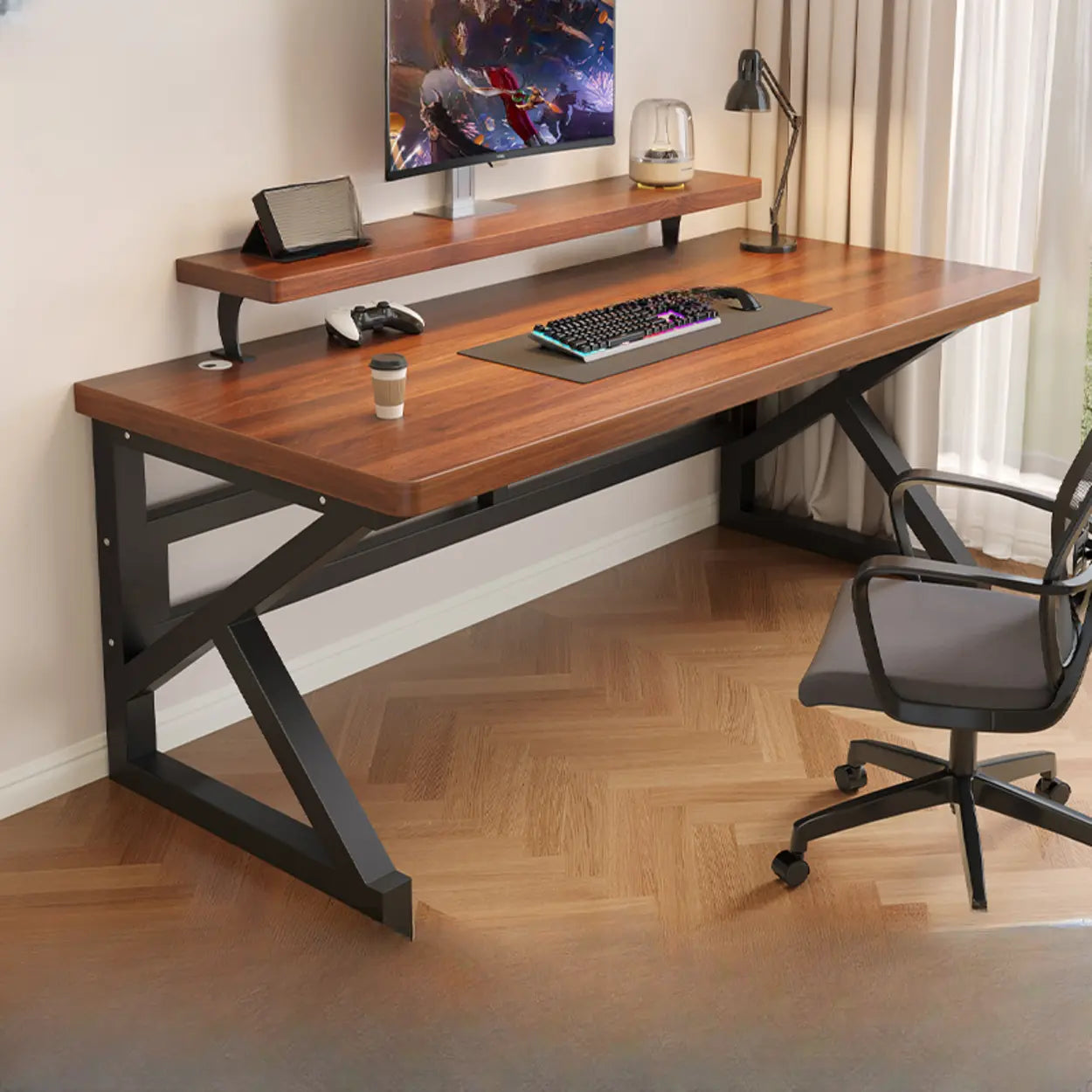 Brown Timber Computer Desk with Shelves — Table Only