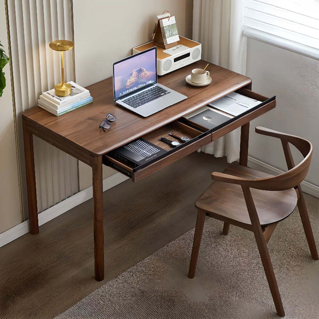 Brown Walnut Wood Computer Desk with Drawers