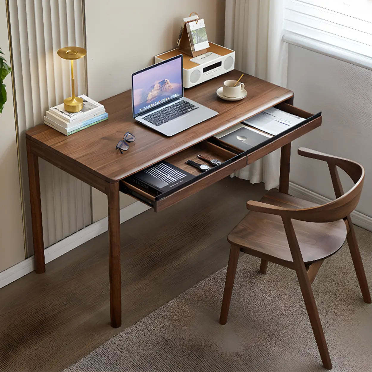 Brown Walnut Wood Computer Desk with Drawers — Table Only