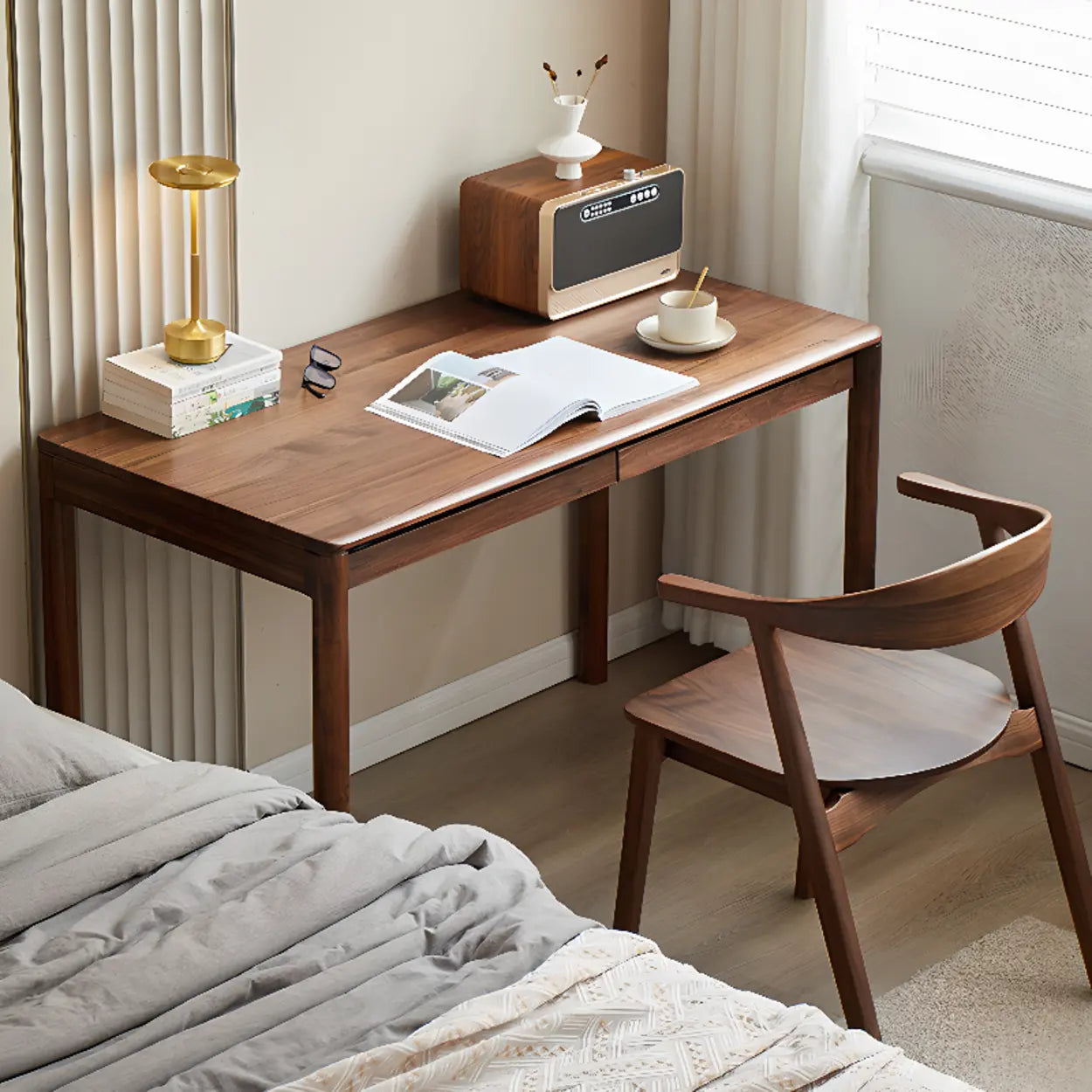 Brown Walnut Wood Computer Desk with Drawers — Table Only
