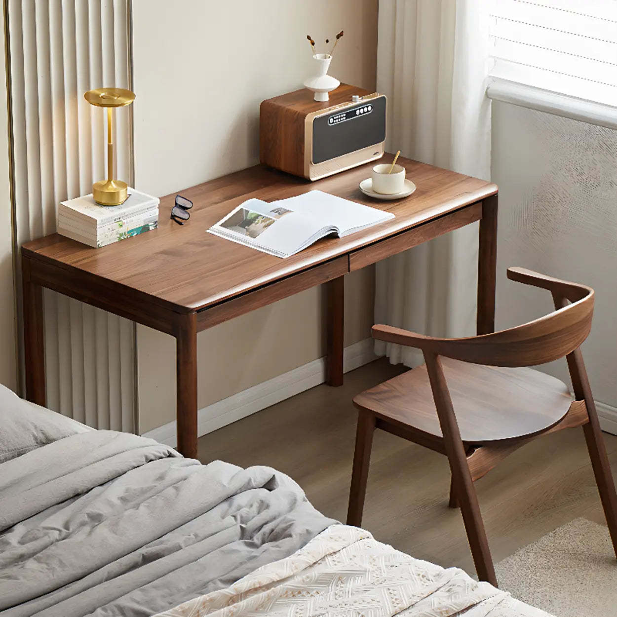 Brown Walnut Wood Computer Desk with Drawers — Table Only