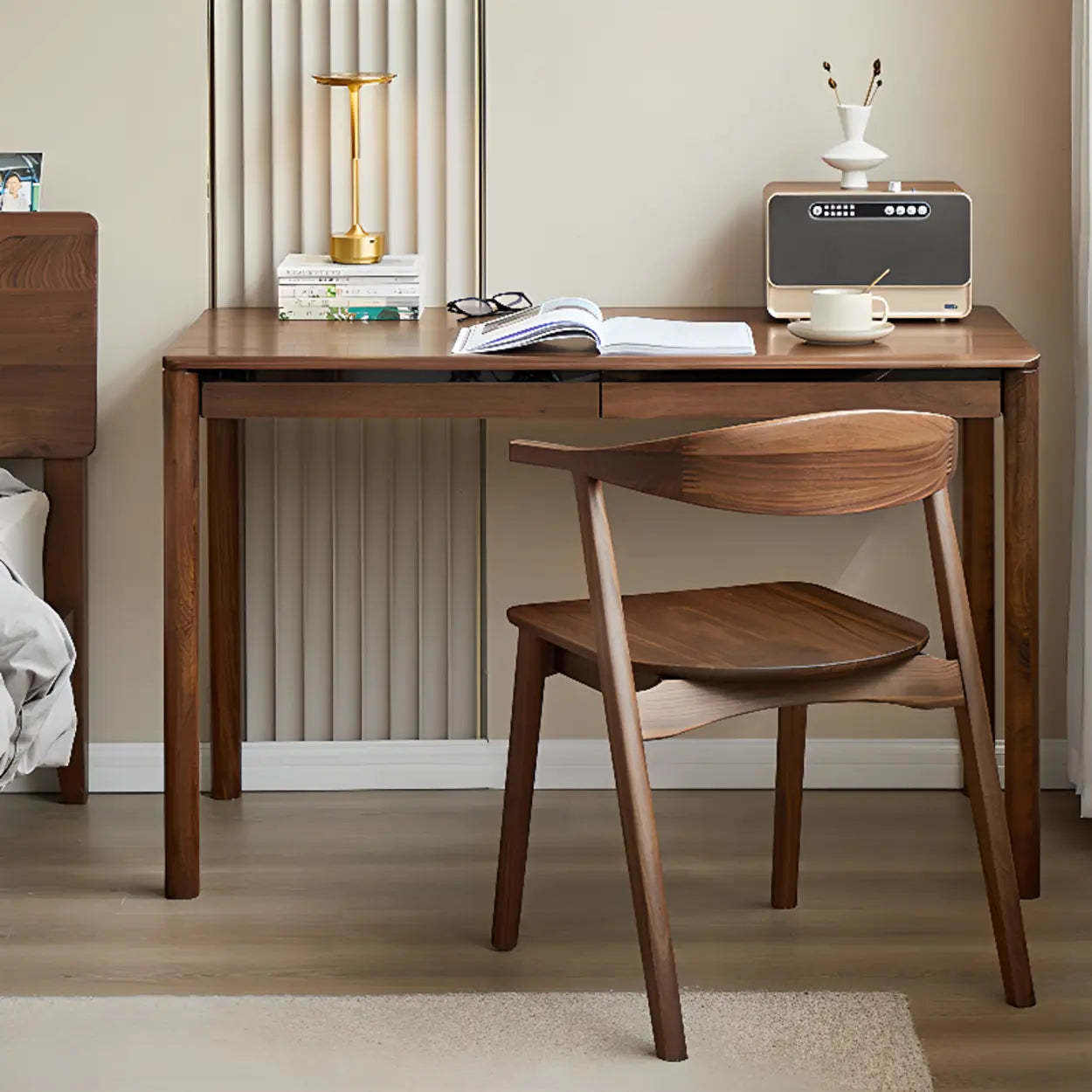 Brown Walnut Wood Computer Desk with Drawers