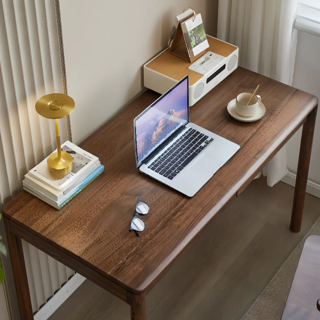 Brown Walnut Wood Computer Desk with Drawers