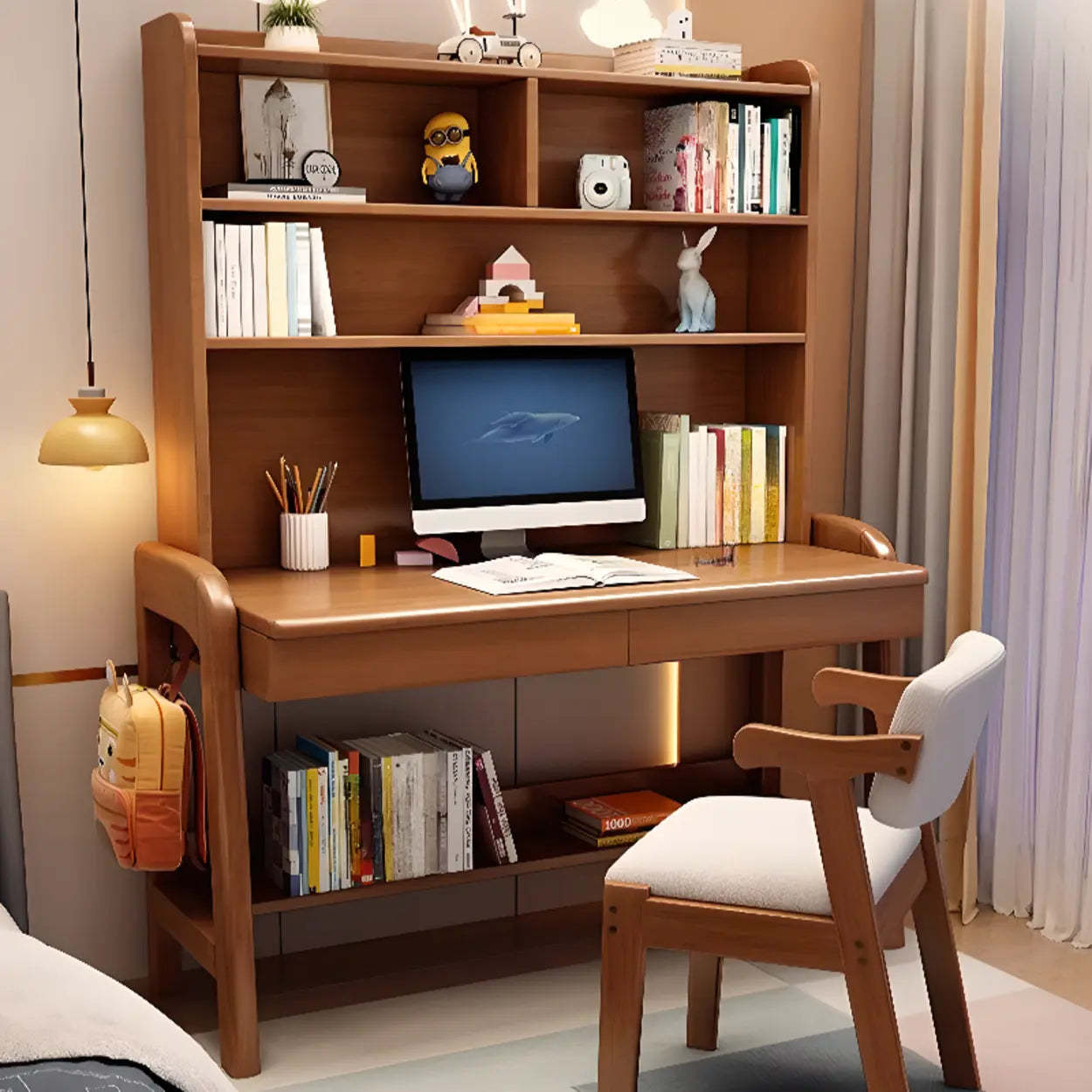 Brown Wood Writing Desk with Hutch and Storage — Table Only