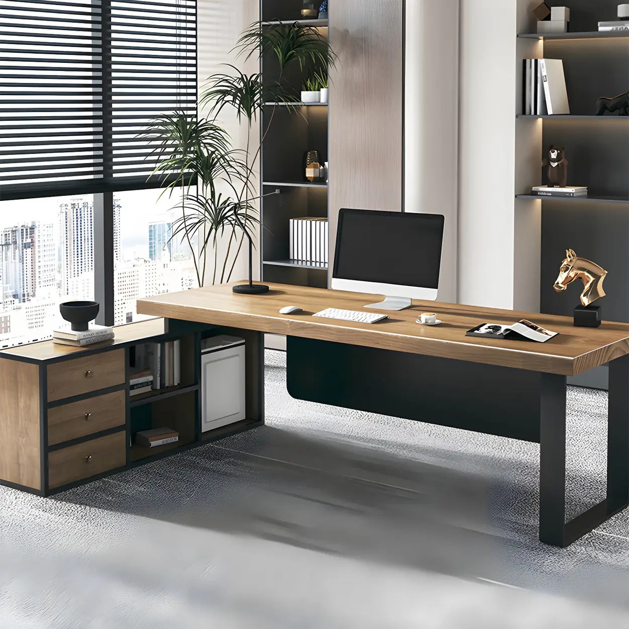 Brown Timber Black-Base L-Shape Executive Desk