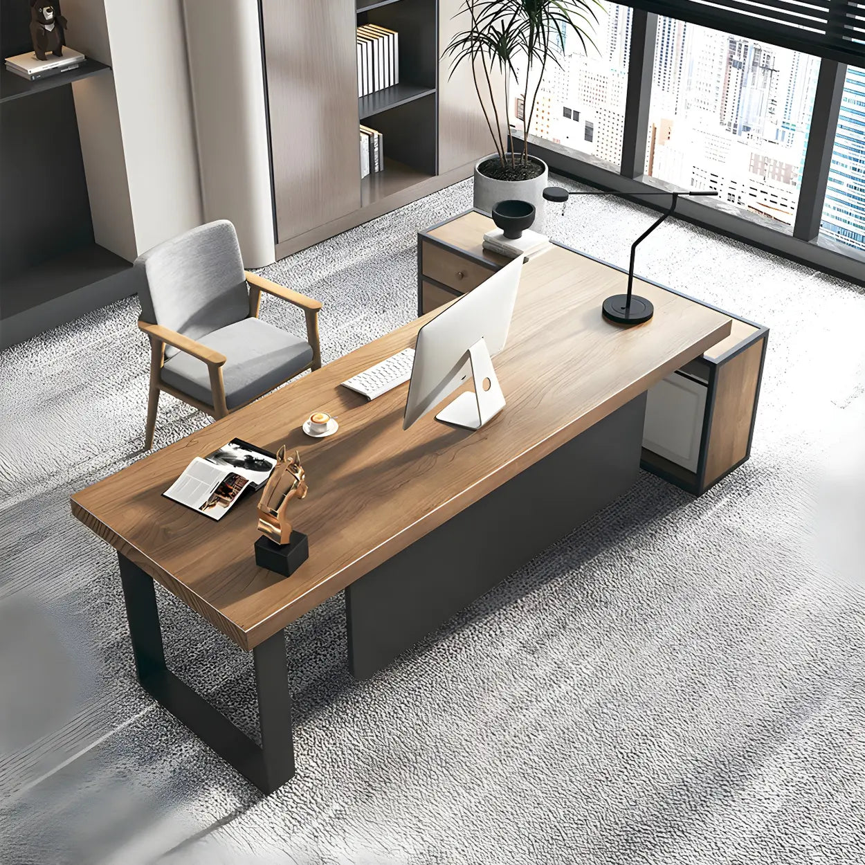 Brown Timber Black-Base L-Shape Executive Desk