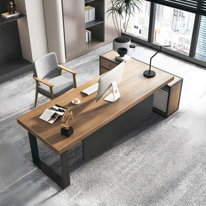 Brown Timber Black-Base L-Shape Executive Desk
