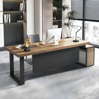Brown Timber Black-Base L-Shape Executive Desk