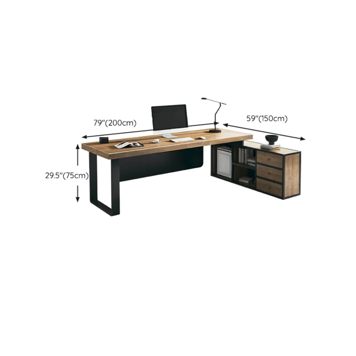 Brown Timber Black-Base L-Shape Executive Desk