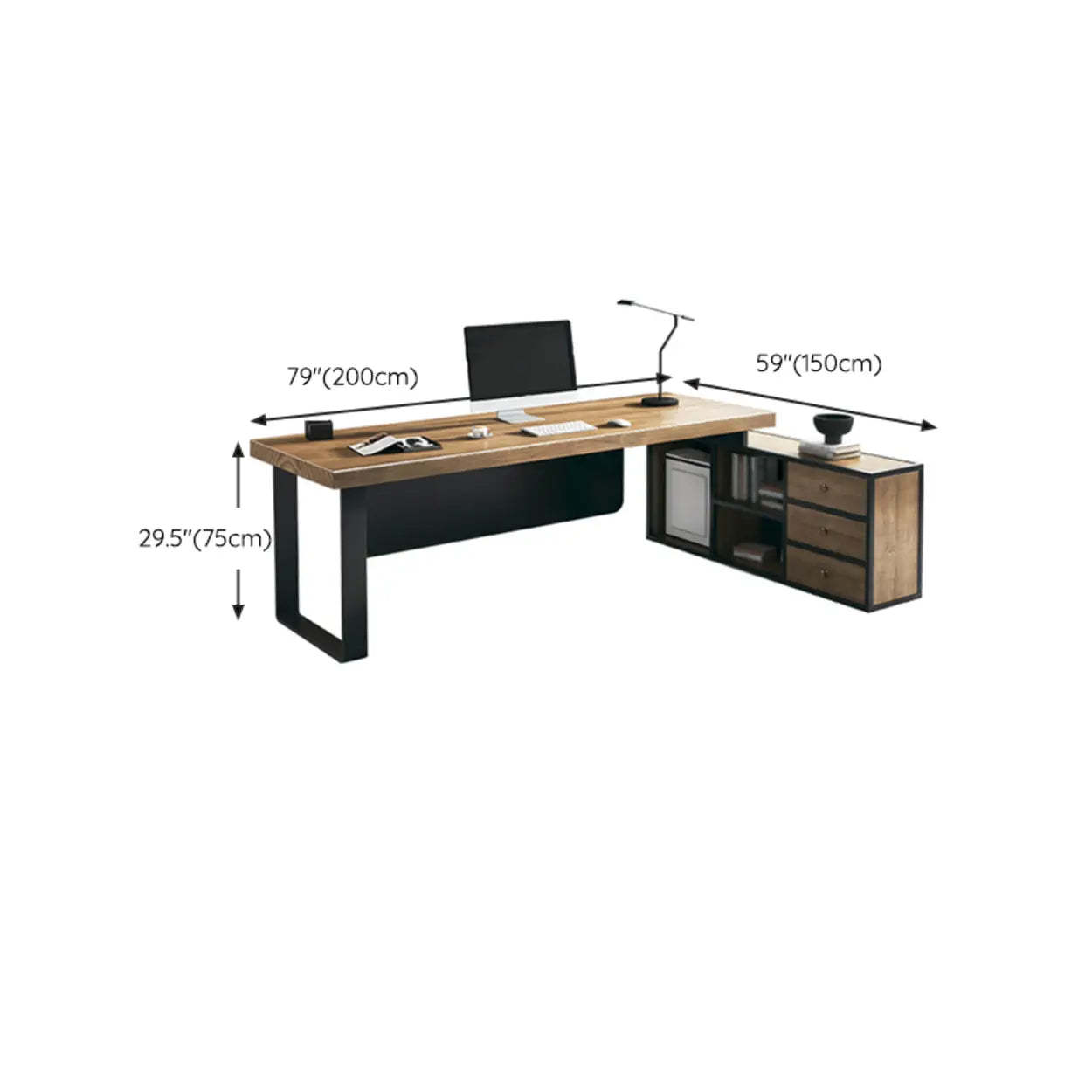 Brown Timber Black-Base L-Shape Executive Desk
