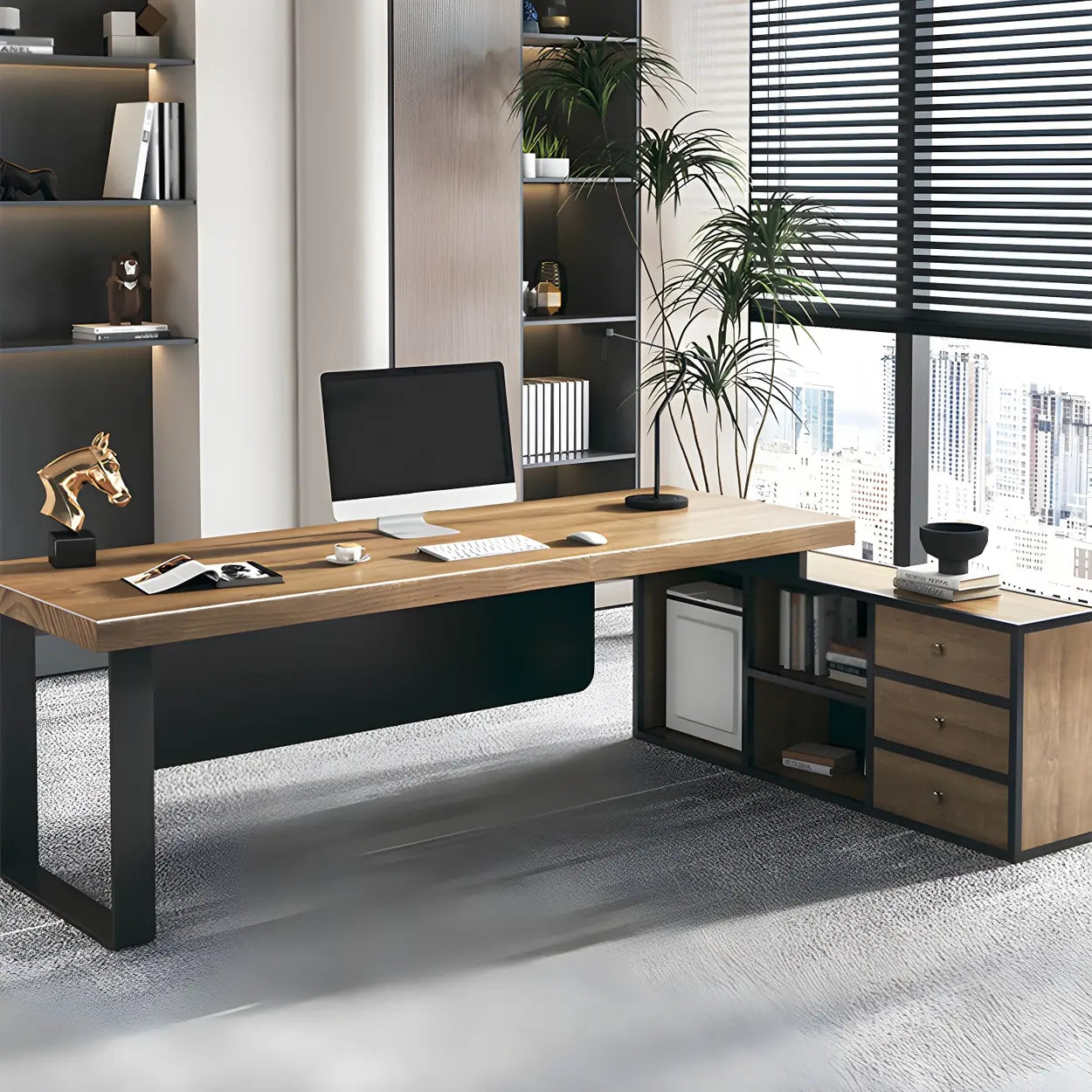 Brown Timber Black-Base L-Shape Executive Desk — Right Hand Return / Table Only