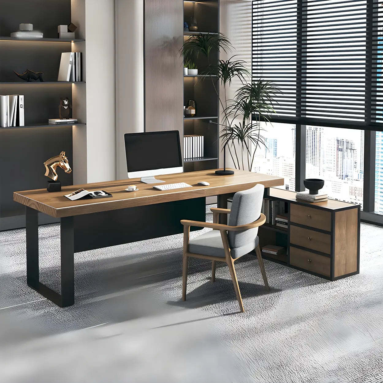 Brown Timber Black-Base L-Shape Executive Desk — Left Hand Return / Table Only