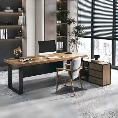 Brown Timber Black-Base L-Shape Executive Desk — Left Hand Return / Table Only