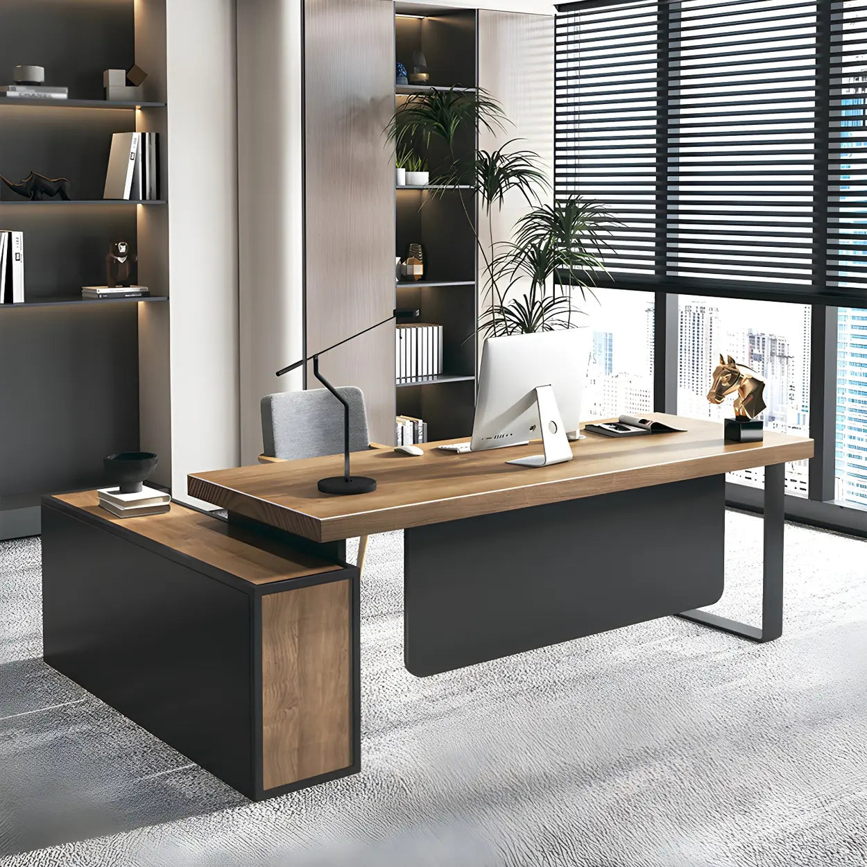 Brown Timber Black-Base L-Shape Executive Desk — Right Hand Return / Table Only
