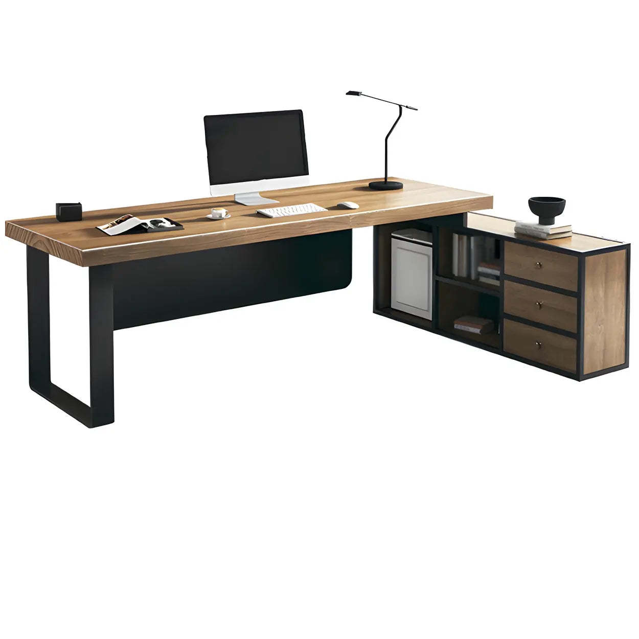 Brown Timber Black-Base L-Shape Executive Desk — Left Hand Return / Table Only