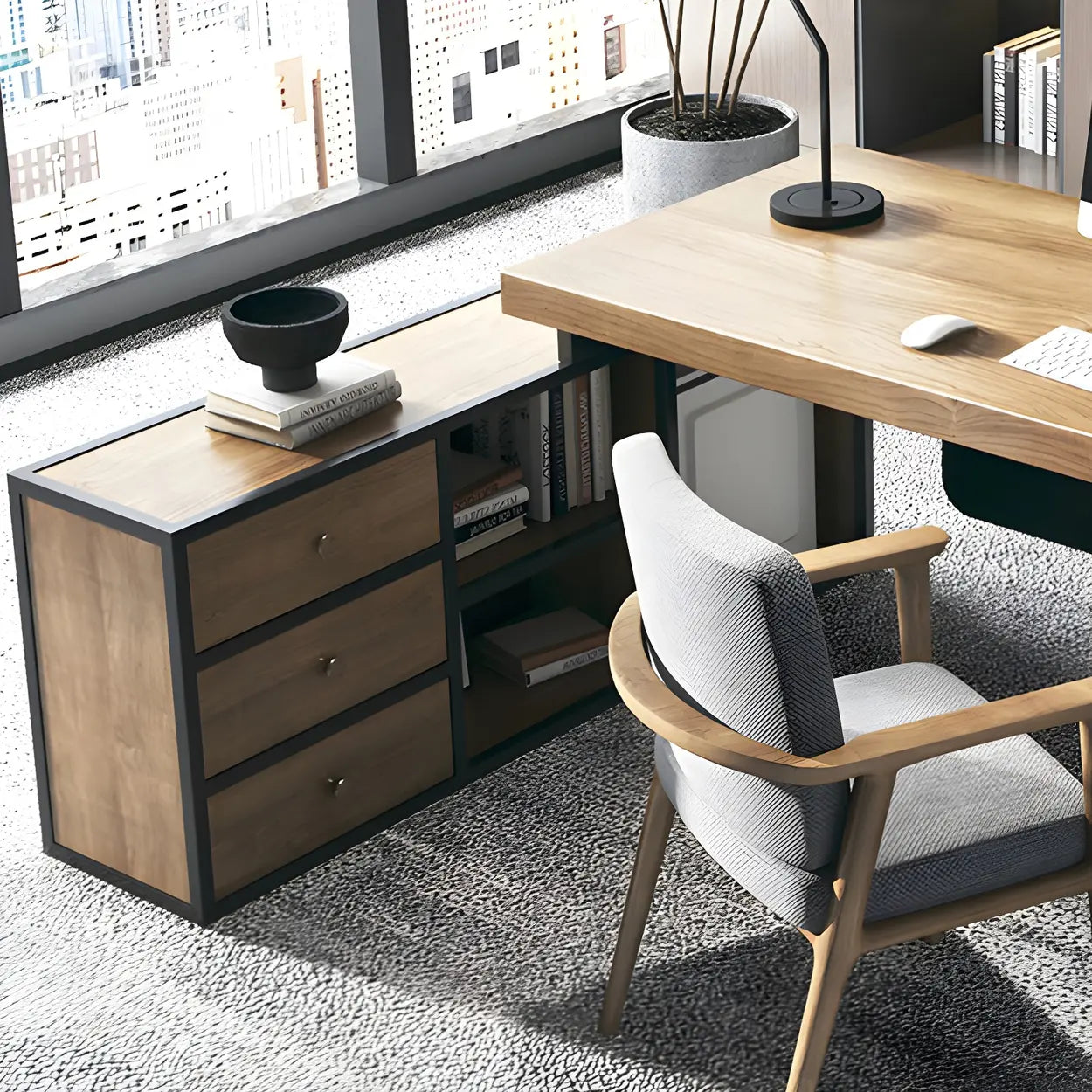 Brown Timber Black-Base L-Shape Executive Desk — Right Hand Return / Table Only