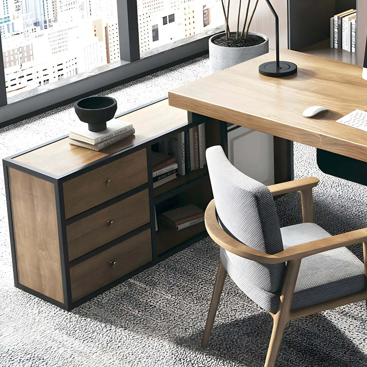 Brown Timber Black-Base L-Shape Executive Desk — Right Hand Return / Table Only