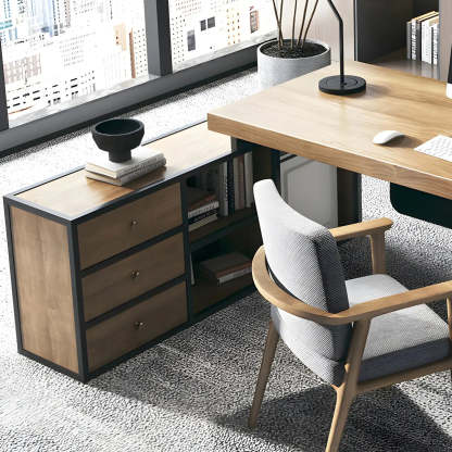 Brown Timber Black-Base L-Shape Executive Desk — Right Hand Return / Table Only