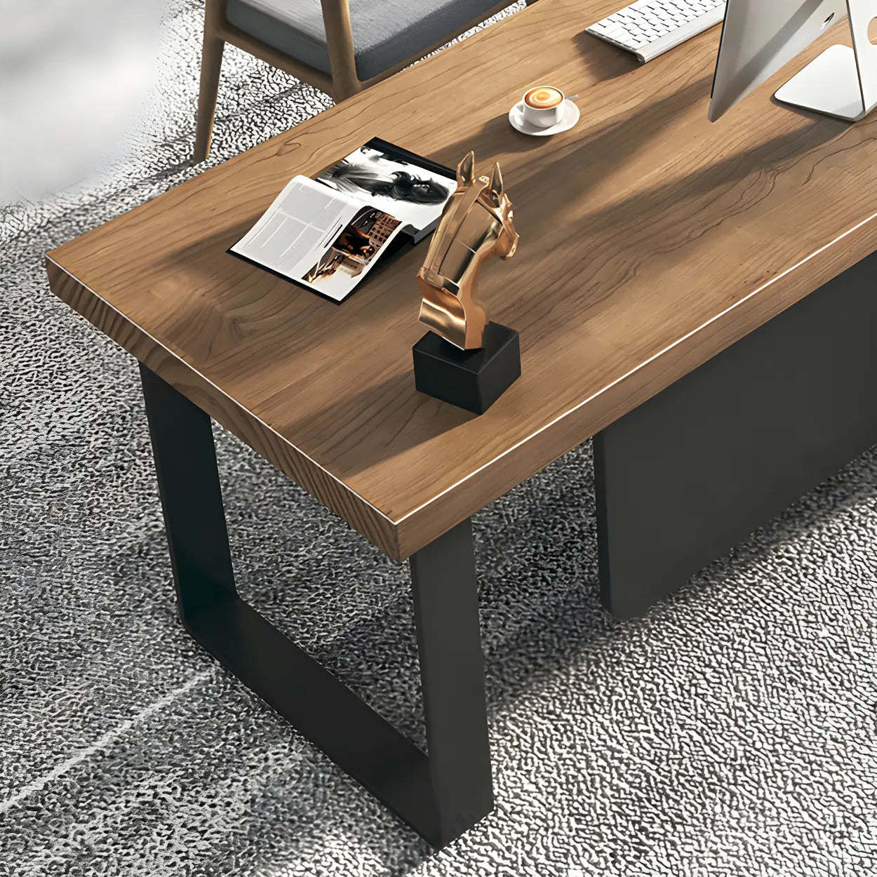 Brown Timber Black-Base L-Shape Executive Desk