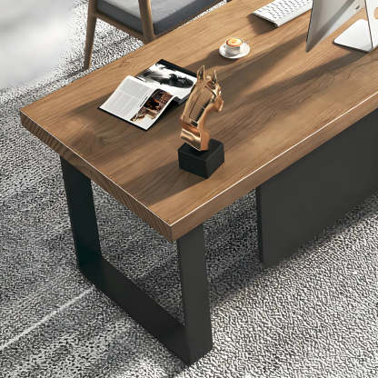 Brown Timber Black-Base L-Shape Executive Desk