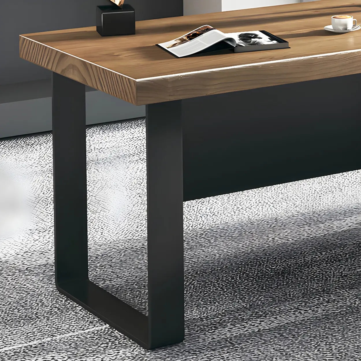 Brown Timber Black-Base L-Shape Executive Desk