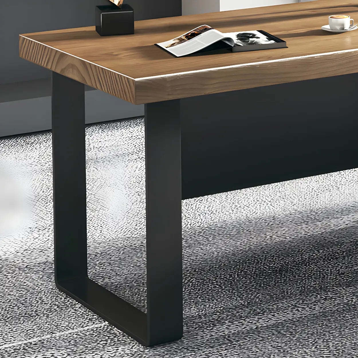 Brown Timber Black-Base L-Shape Executive Desk