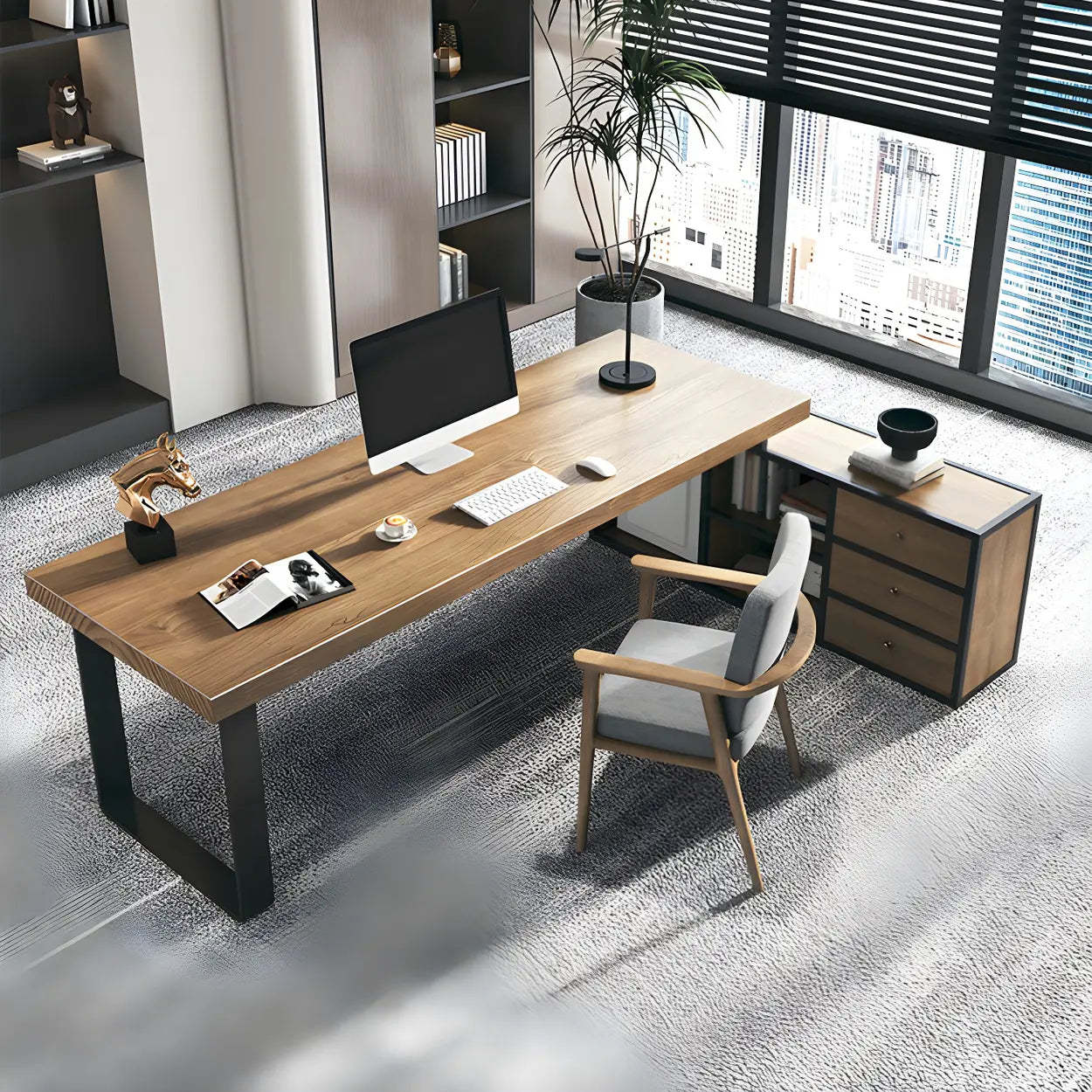 Brown Timber Black-Base L-Shape Executive Desk
