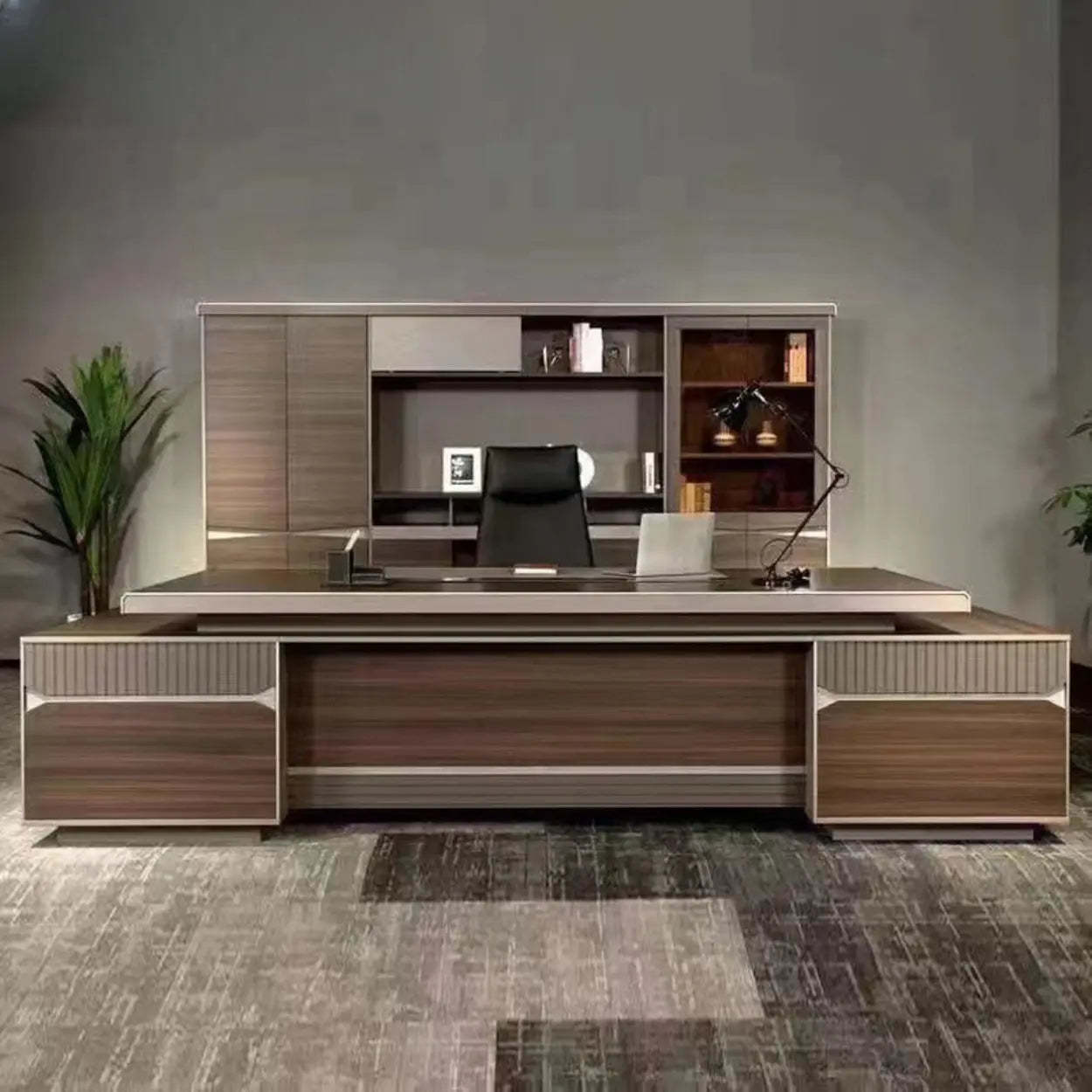 Brown Timber Executive Desk with Cable Management — Table Only