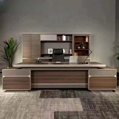 Brown Timber Executive Desk with Cable Management — Table Only