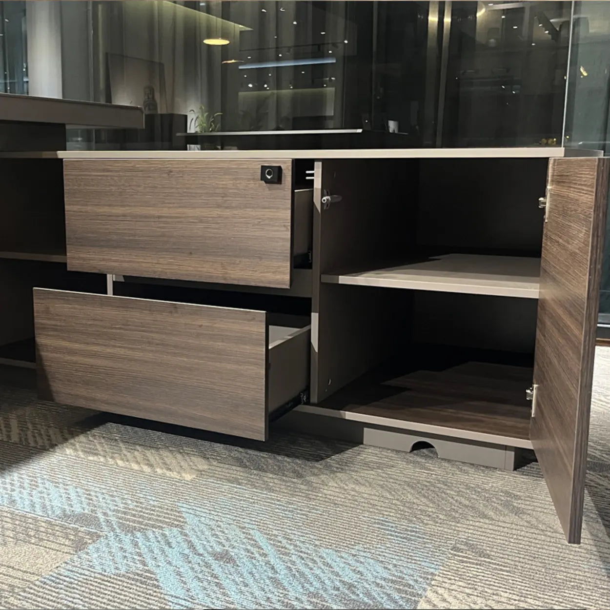 Brown Timber Executive Desk with Cable Management — Table Only