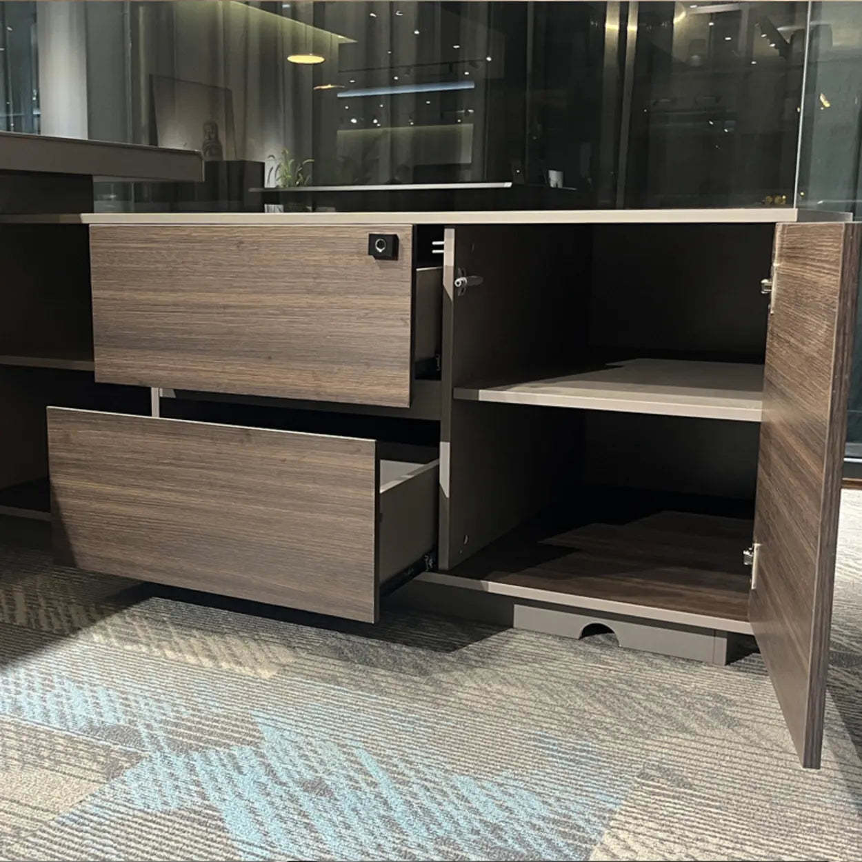 Brown Timber Executive Desk with Cable Management — Table Only