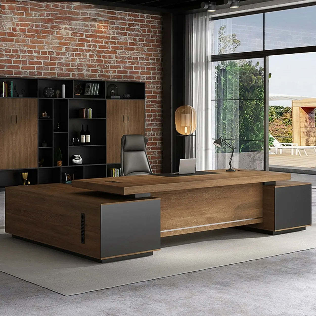 L-Shape Executive Desk with Timber Base — Left Hand Return / Without Chairs