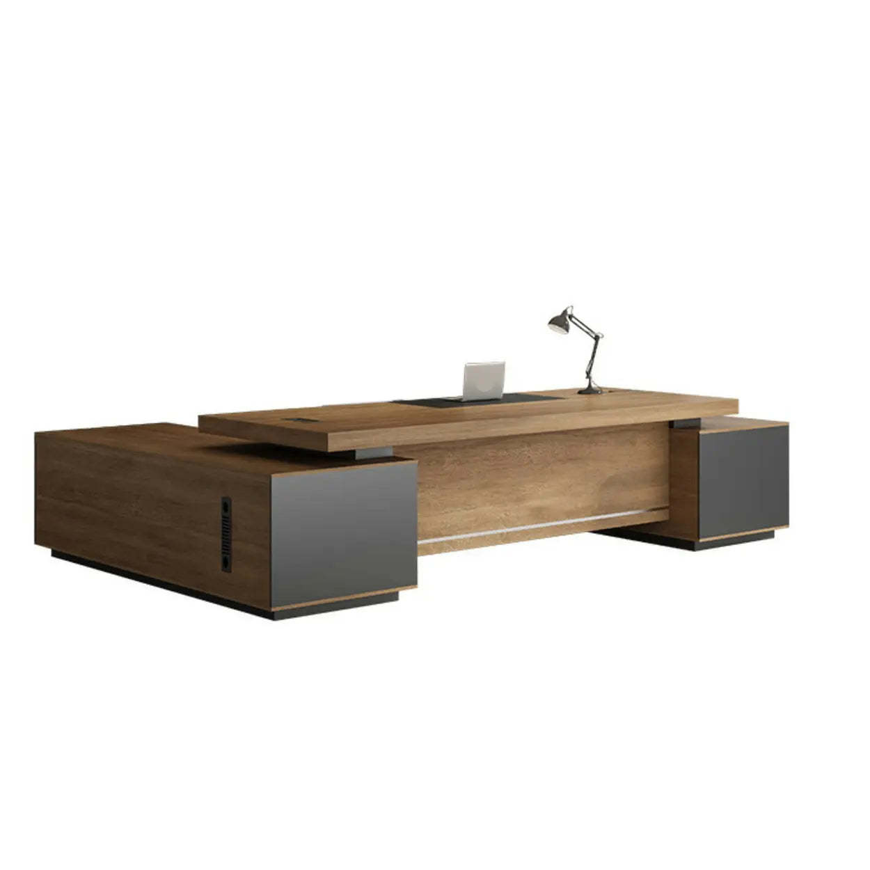Brown wood executive timber desks - modern — 79"L x 63"W x 30"H / Right Hand Return