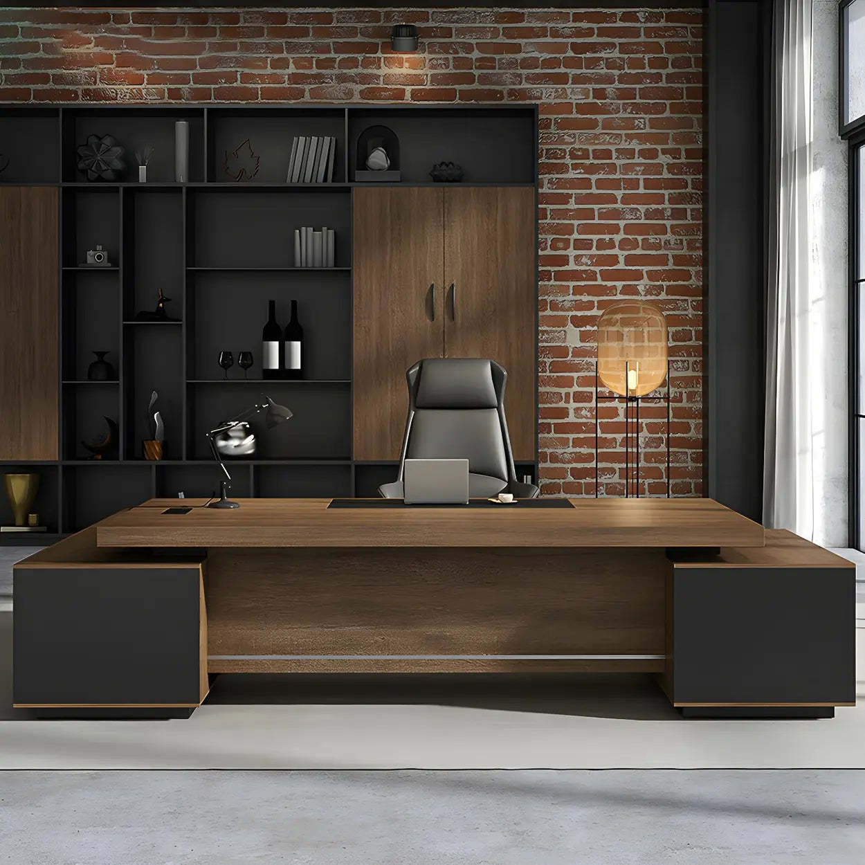 Brown wood timber base desks - modern — 94.5"L x 63"W x 29.5"H / Right Hand Return