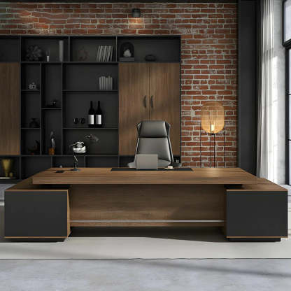 Brown wood timber base desks - modern — 94.5"L x 63"W x 29.5"H / Right Hand Return