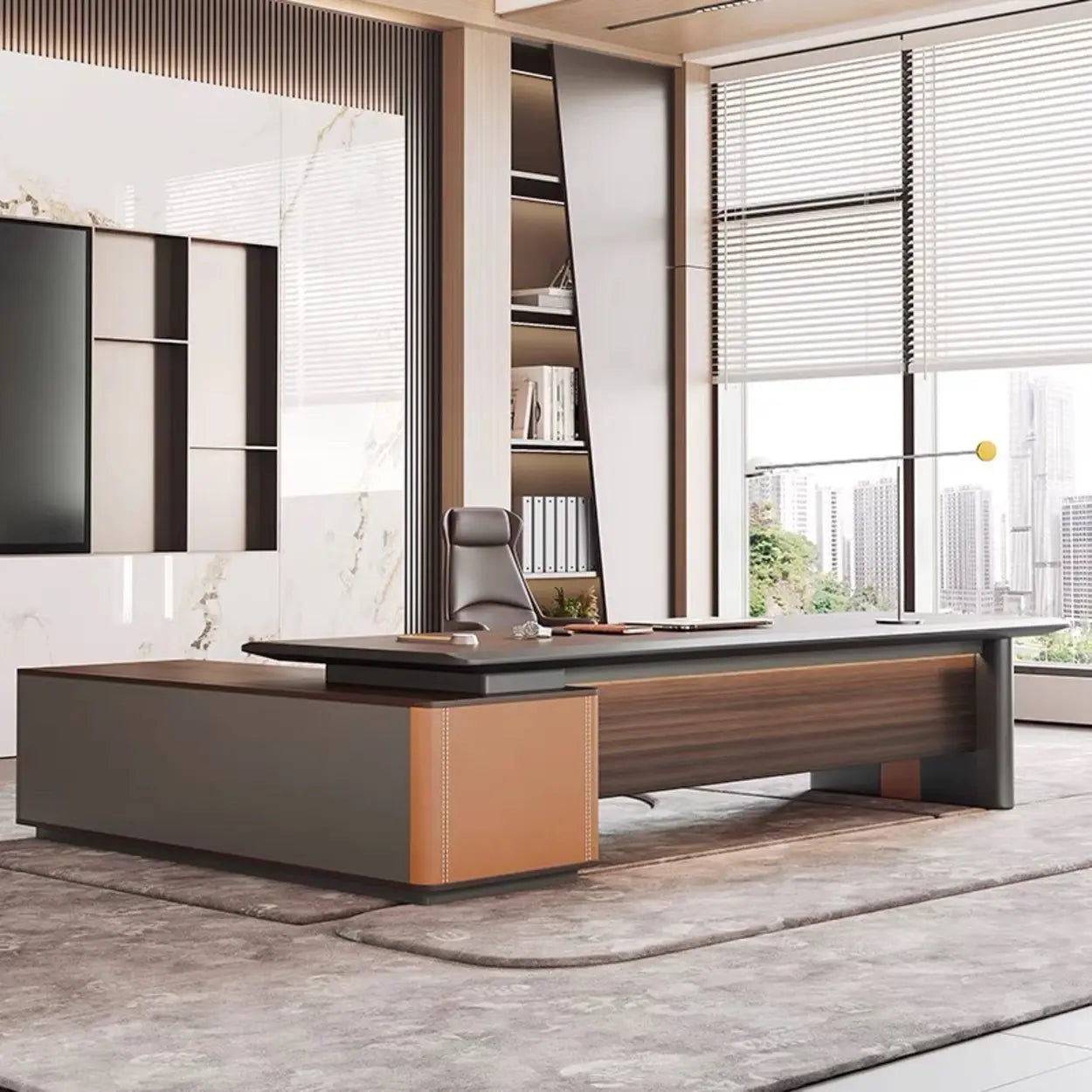 Brown Top Gray Base Long L-Shape Wood Executive Desk