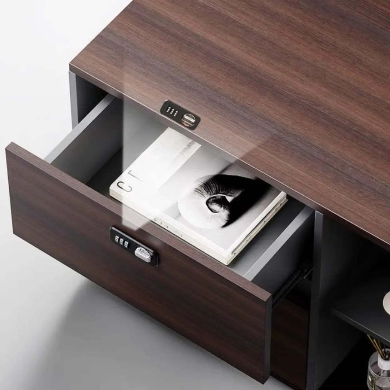 Brown Top Gray Base Long L-Shape Wood Executive Desk