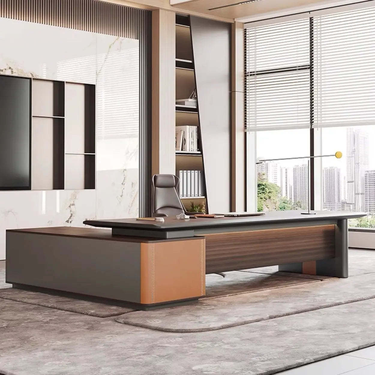 Brown Top Gray Base Long L-Shape Wood Executive Desk — Table Only